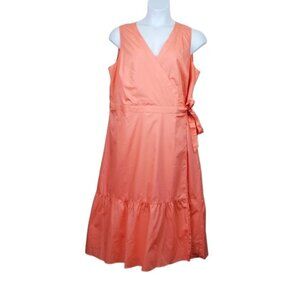 Talbots Sleeveless Peachy Orange V-Neck Poplin Wrap Midi Dress Size 16 NWT